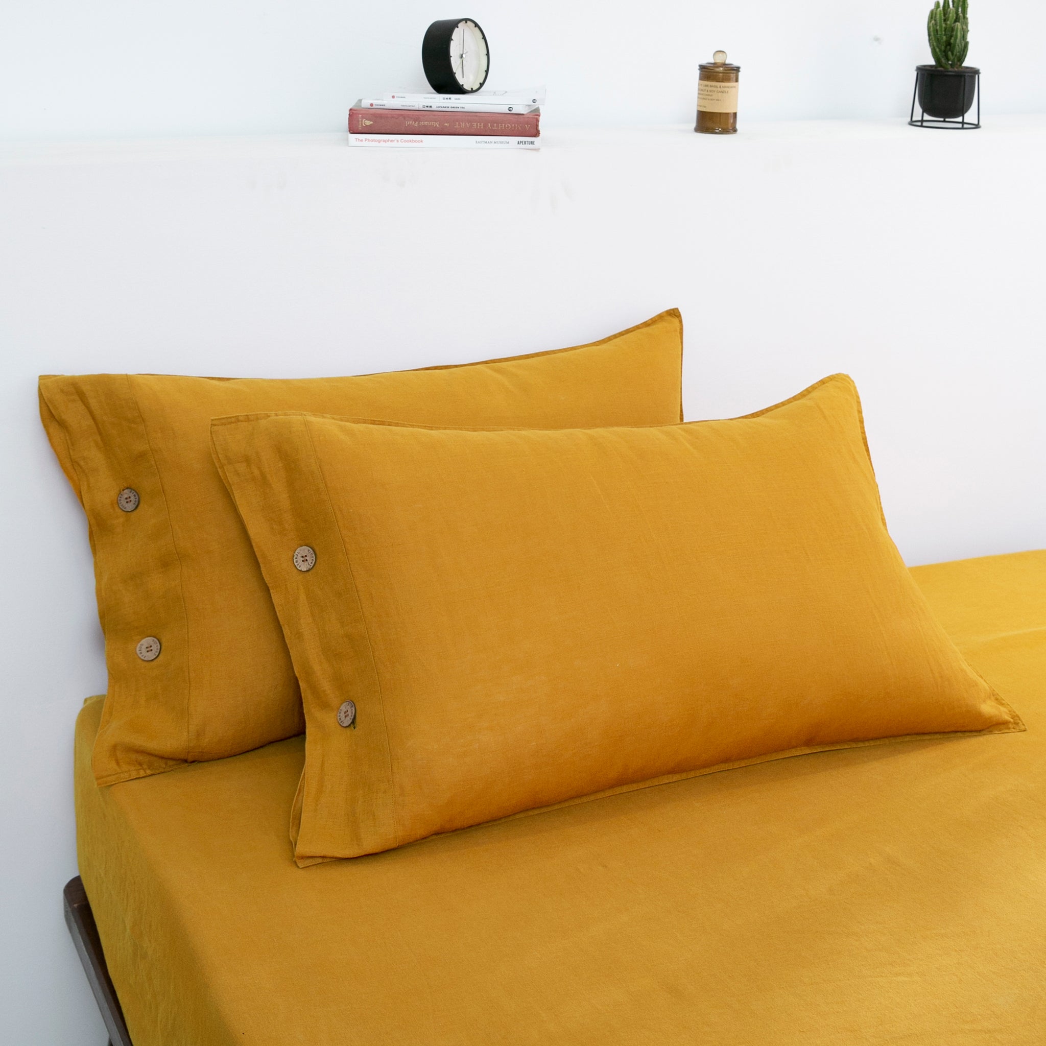 Ginger Yellow 100% Organic Linen Pillowcases With Coconut Button Closure - Victory Symbol