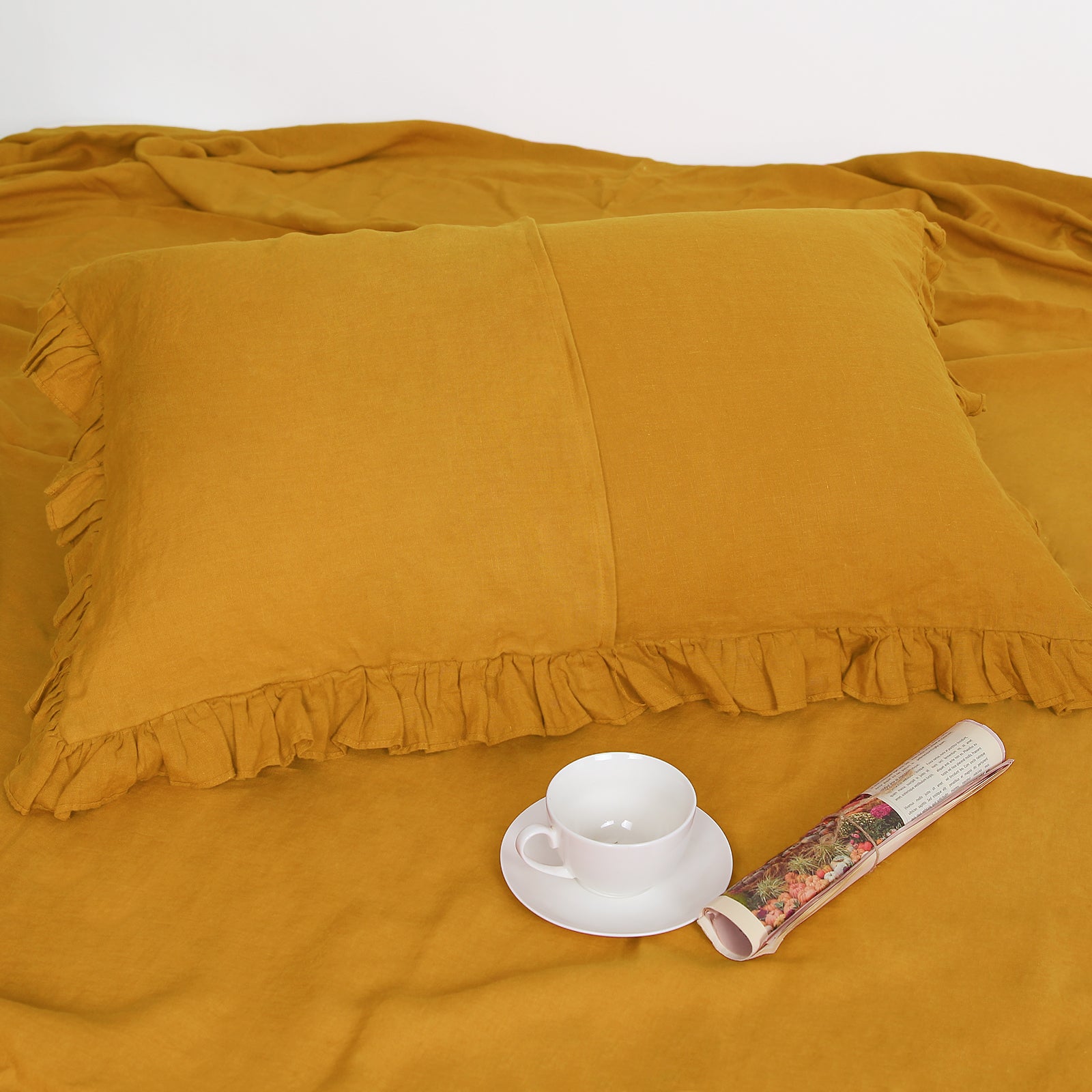 Ginger Yellow 100% Organic Linen Pillowcases with Ruffles - Victory Symbol