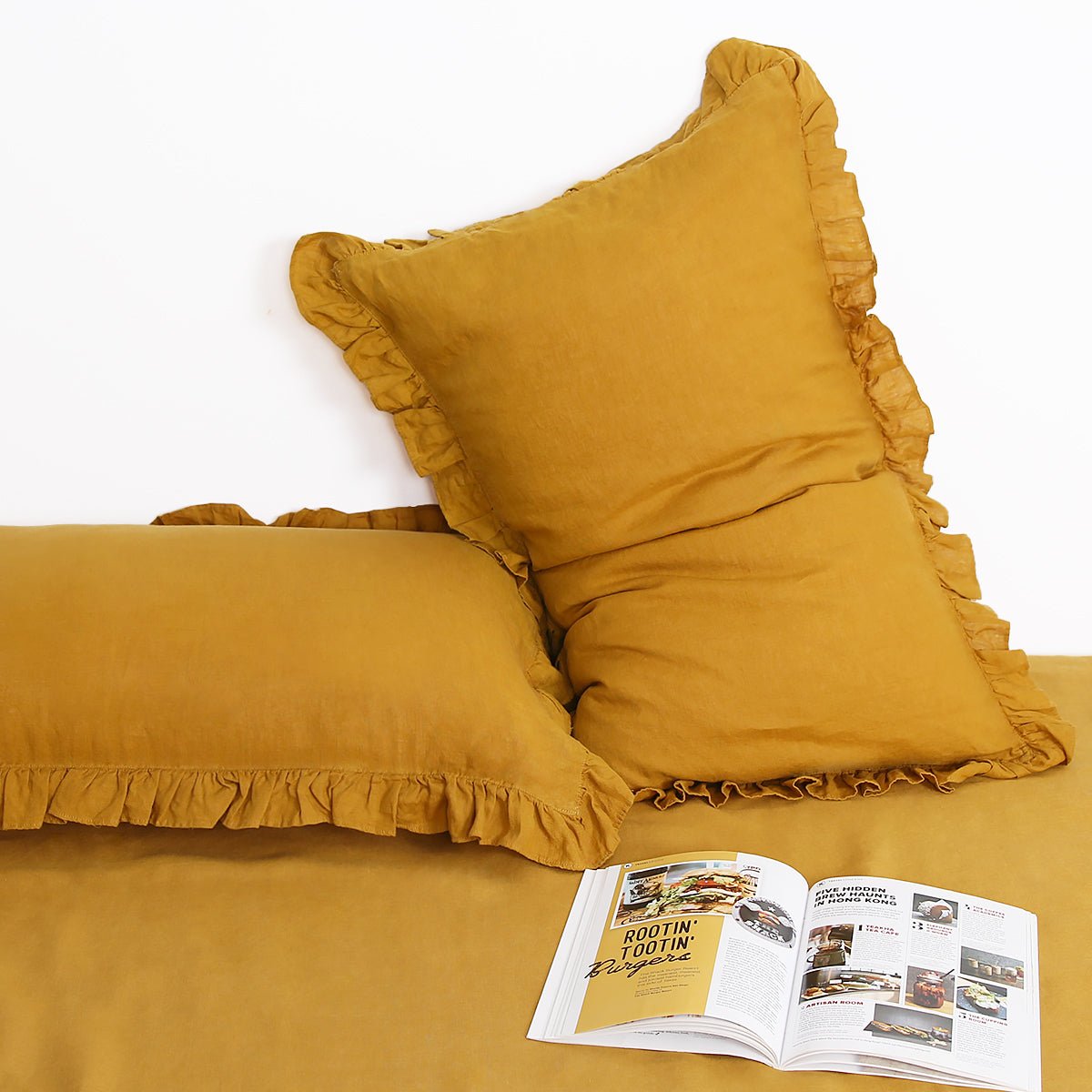 Ginger Yellow 100% Organic Linen Pillowcases with Ruffles - Victory Symbol