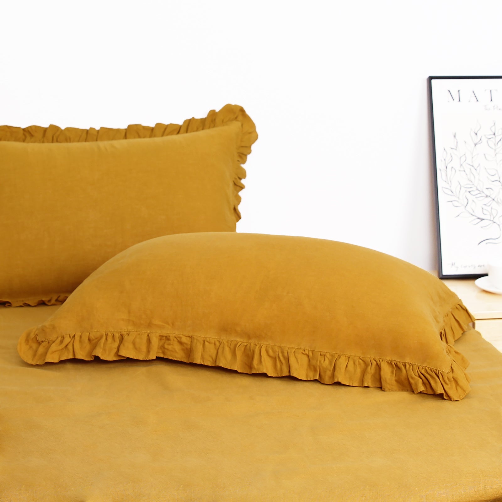 Ginger Yellow 100% Organic Linen Pillowcases with Ruffles - Victory Symbol