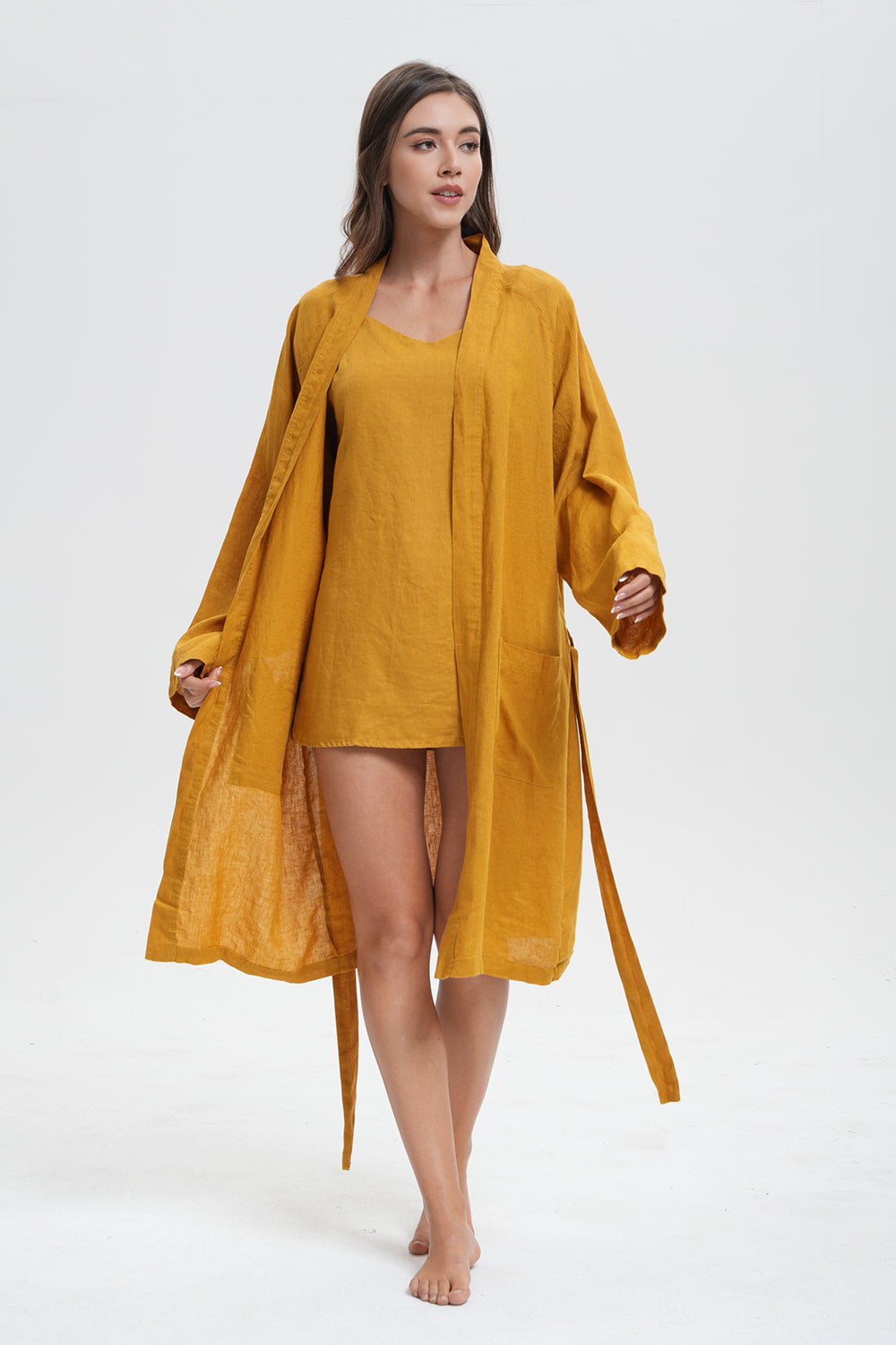 Ginger Yellow 100% Organic Linen Women's V - Neck Robes - Victory Symbol