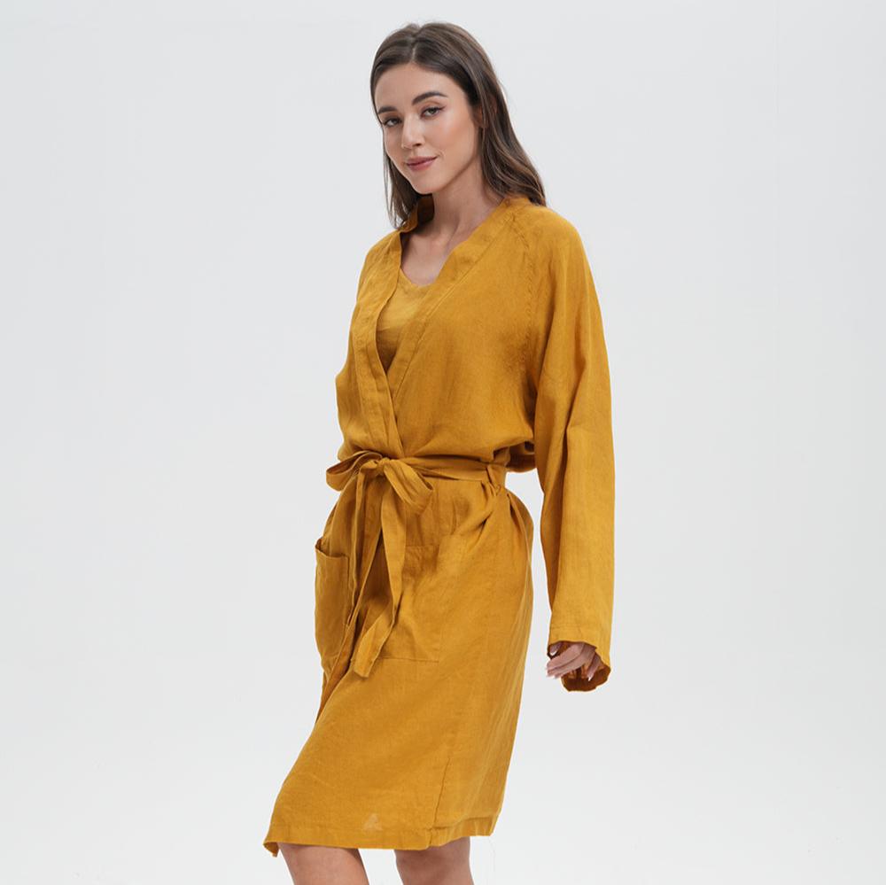 Ginger Yellow 100% Organic Linen Women's V - Neck Robes - Victory Symbol