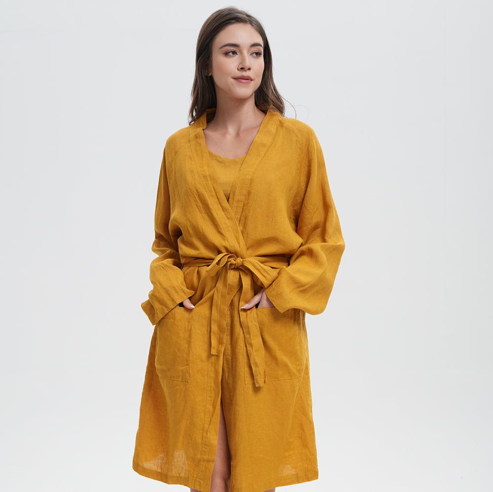 ginger yellow 100% Organic Linen V-Neck Short Sleeve Robes-victory symbol
