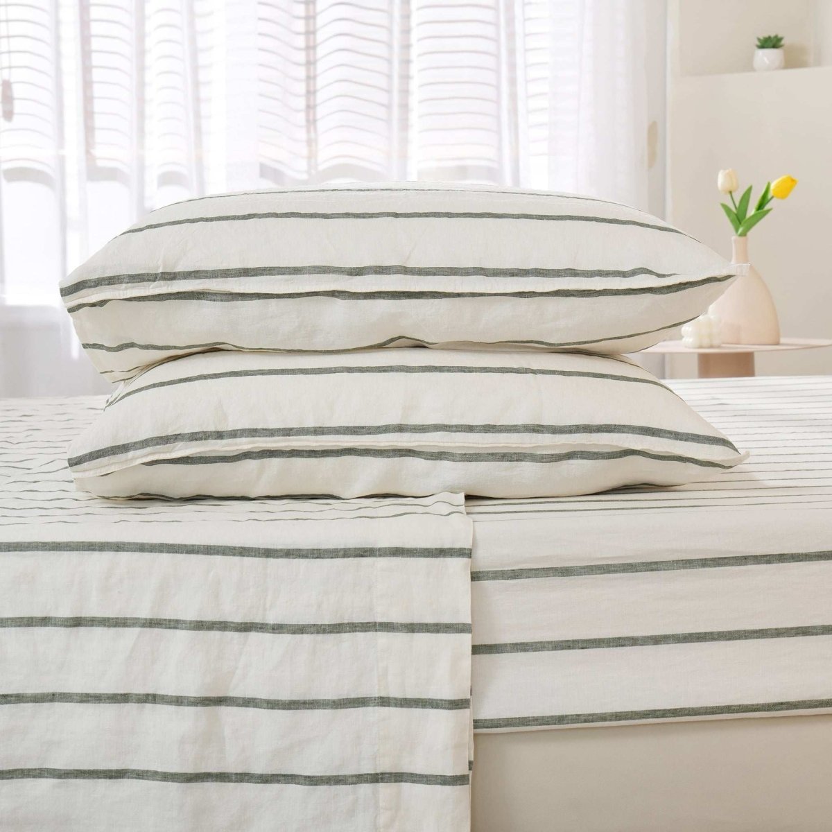 Green Vertical Stripe 100% Organic Linen Yarn Dyed Sheets Set - Victory Symbol