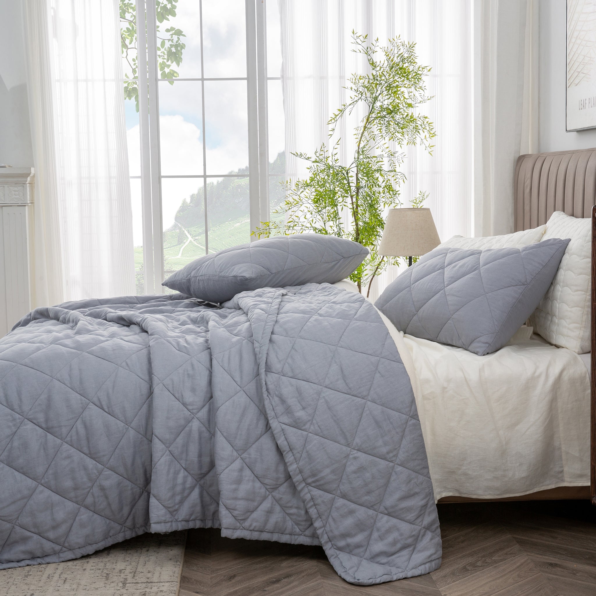 Grey 100% Organic Linen Quilt Set - Victory Symbol