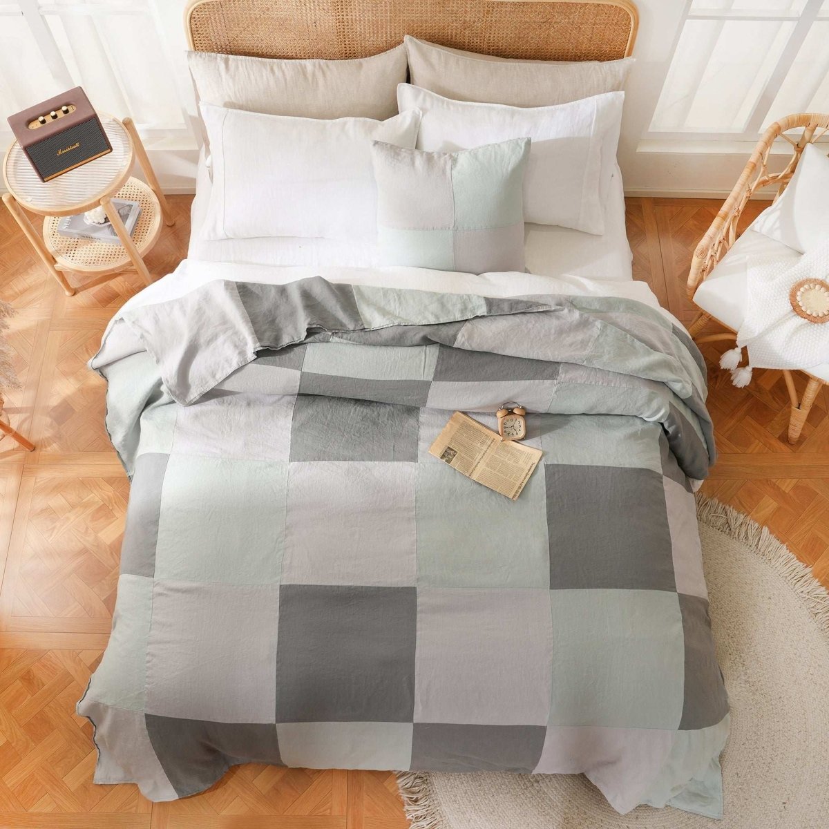 Grey Colorblock 100% Organic Linen Plaid Blanket & Throw - Victory Symbol