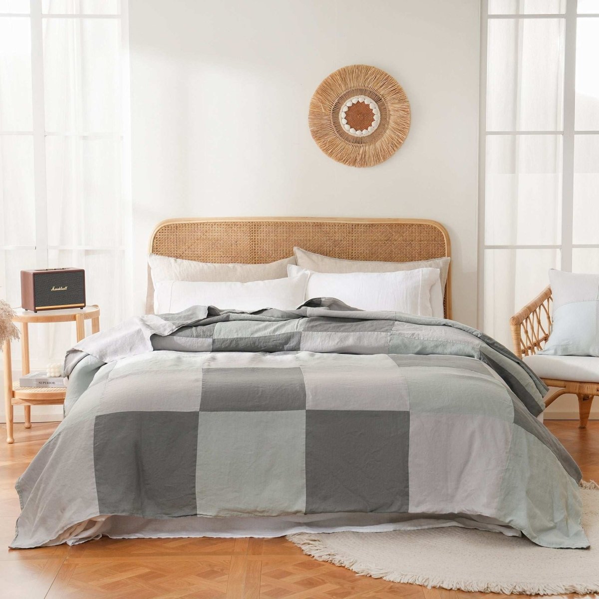 Grey Colorblock 100% Organic Linen Plaid Blanket & Throw - Victory Symbol
