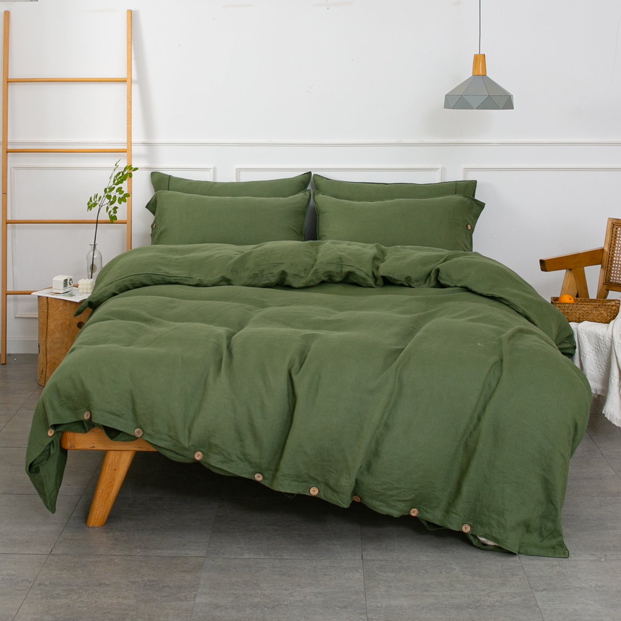 Juniper Green 100% Organic Linen Duvet Cover Set - Victory Symbol