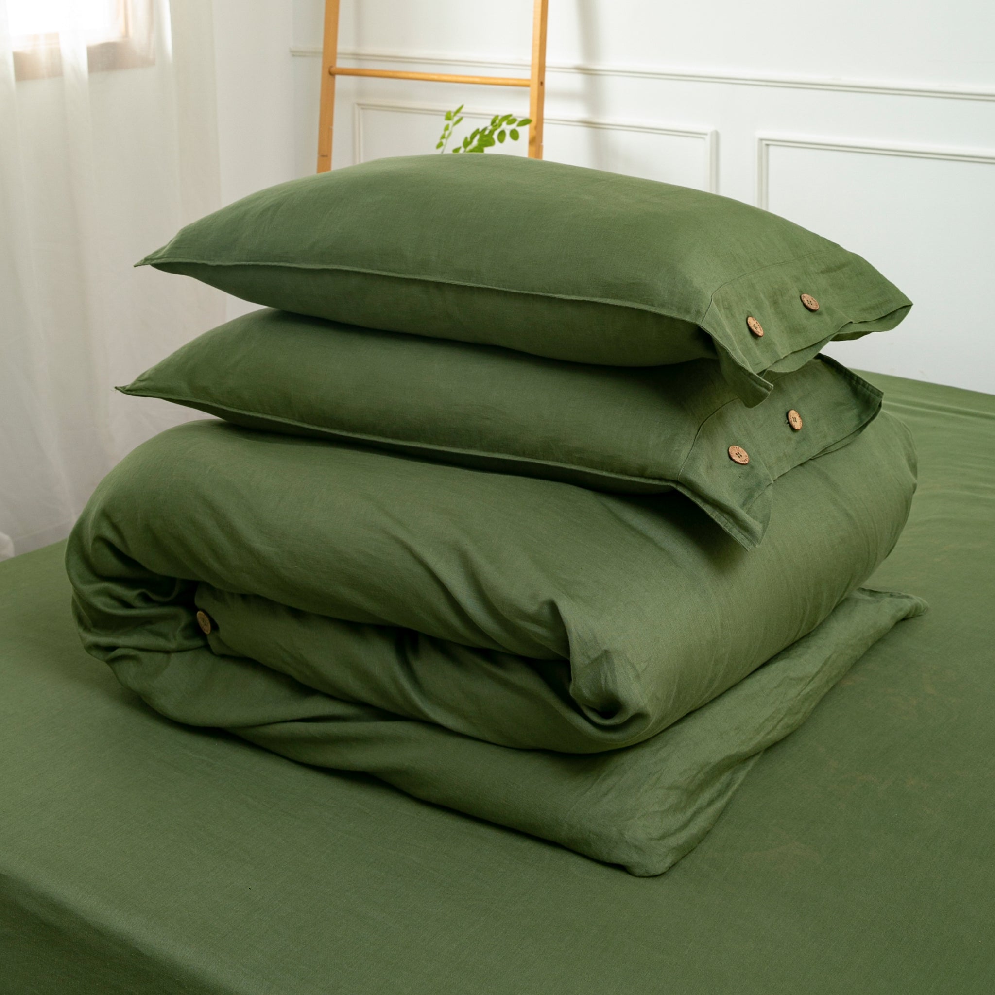 Juniper Green 100% Organic Linen Duvet Cover Set - Victory Symbol