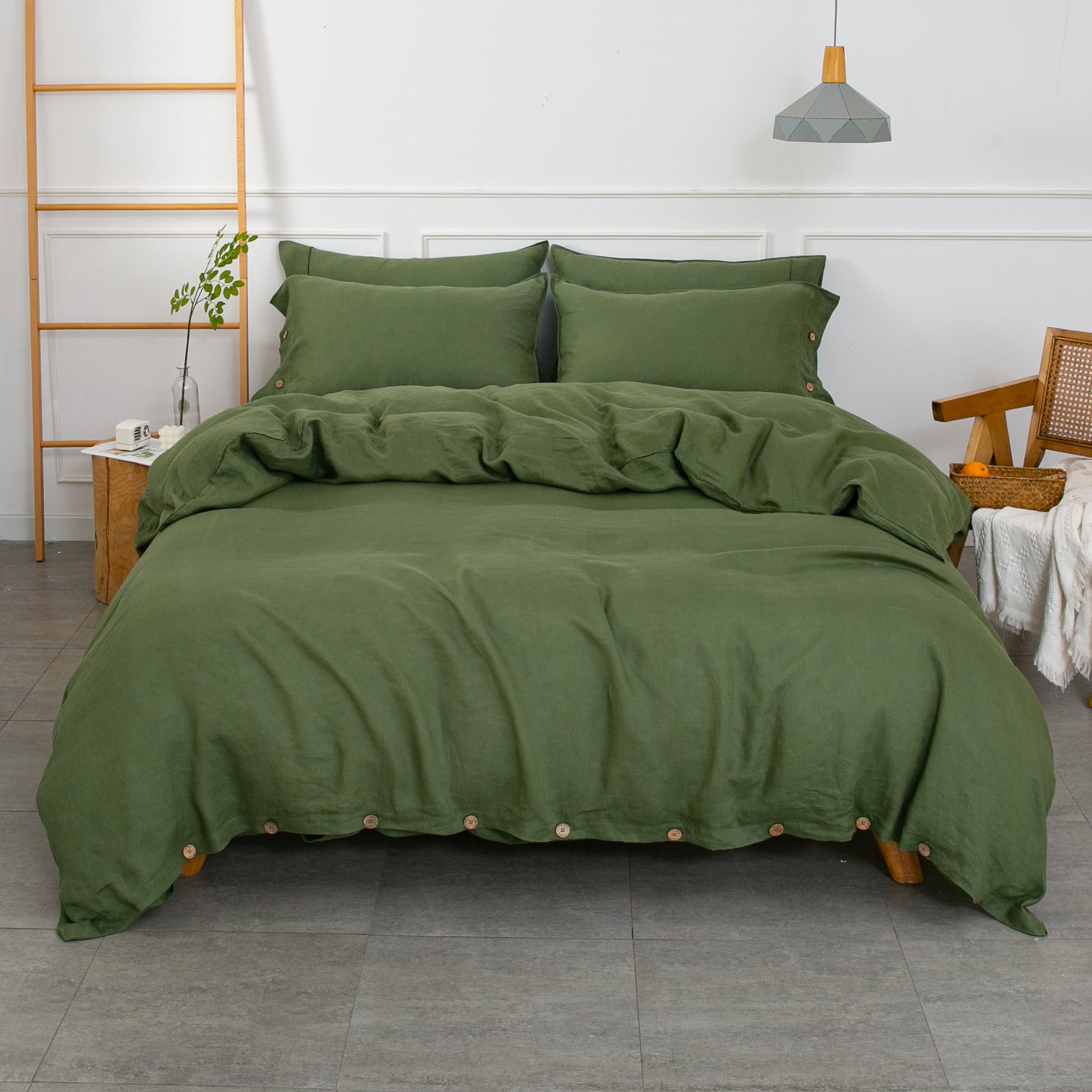 Juniper Green 100% Organic Linen Duvet Cover Set - Victory Symbol