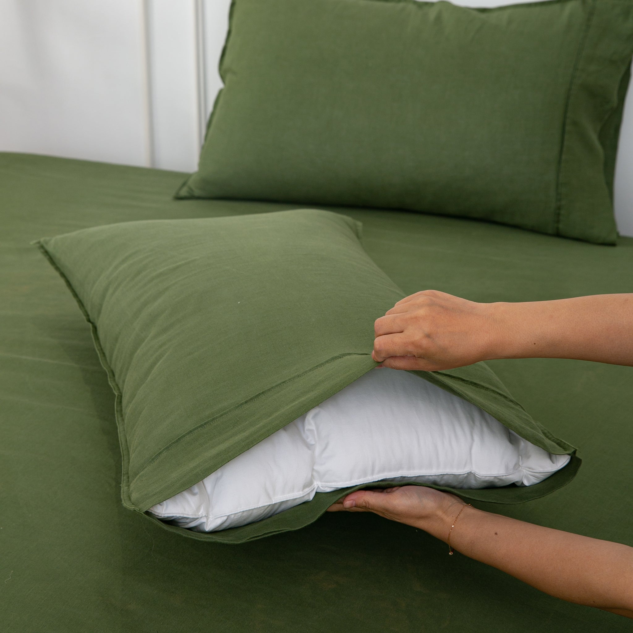 Juniper Green 100% Organic Linen Pillowcases - Victory Symbol