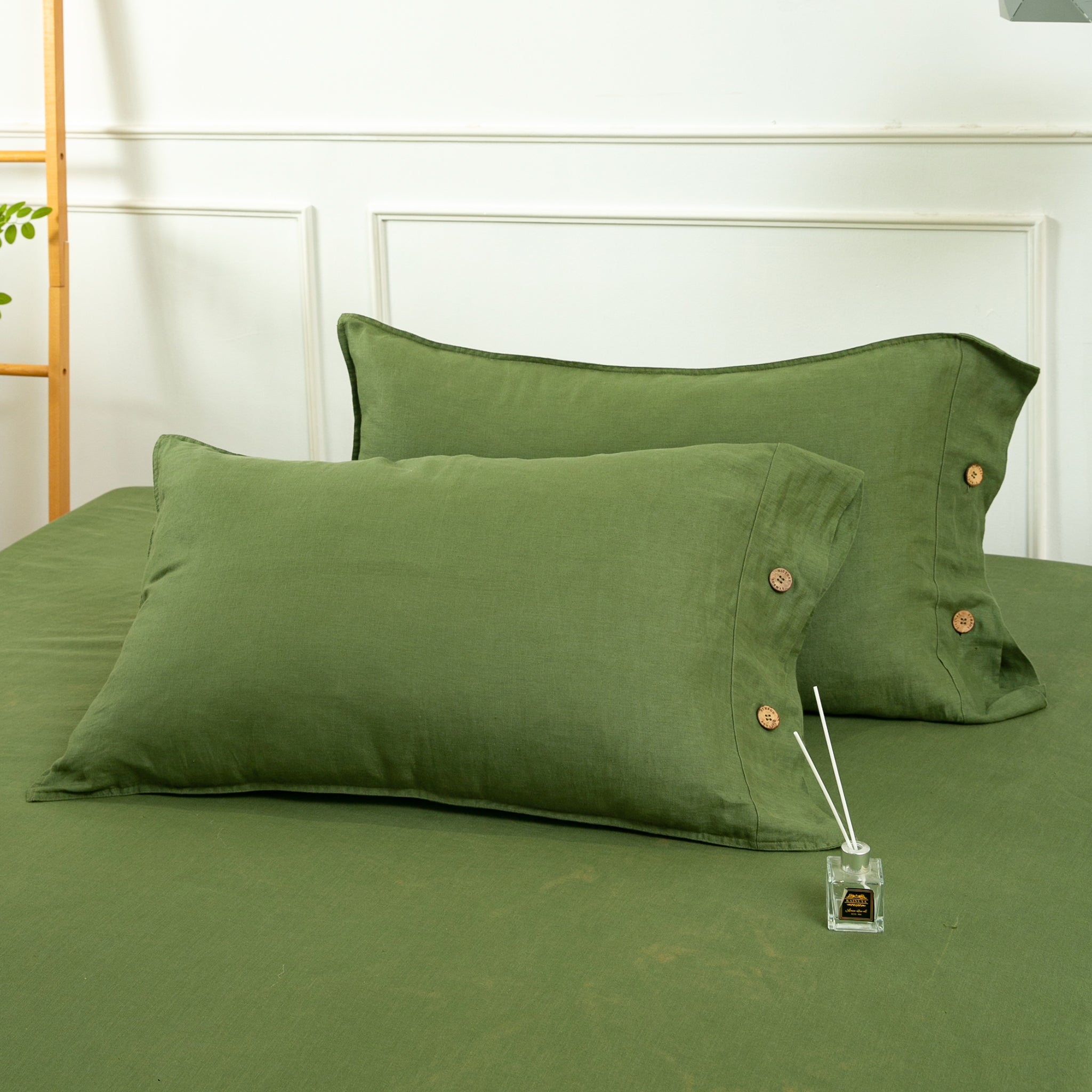 Juniper Green 100% Organic Linen Pillowcases With Coconut Button Closure - Victory Symbol