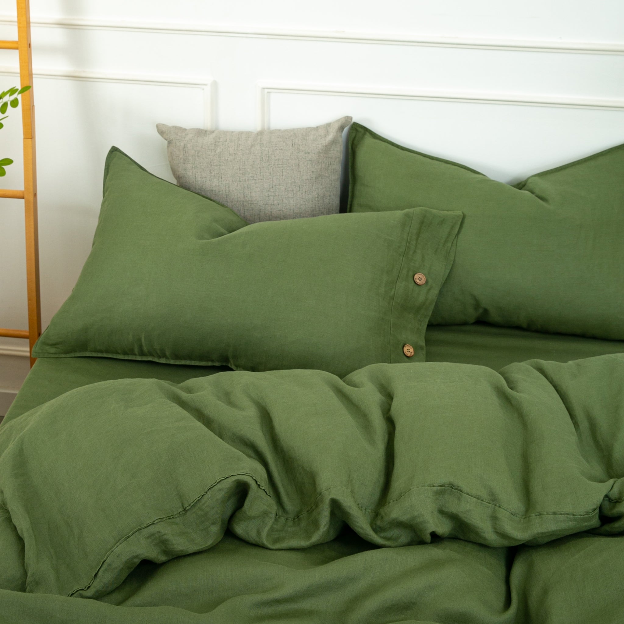 Juniper Green 100% Organic Linen Pillowcases With Coconut Button Closure - Victory Symbol