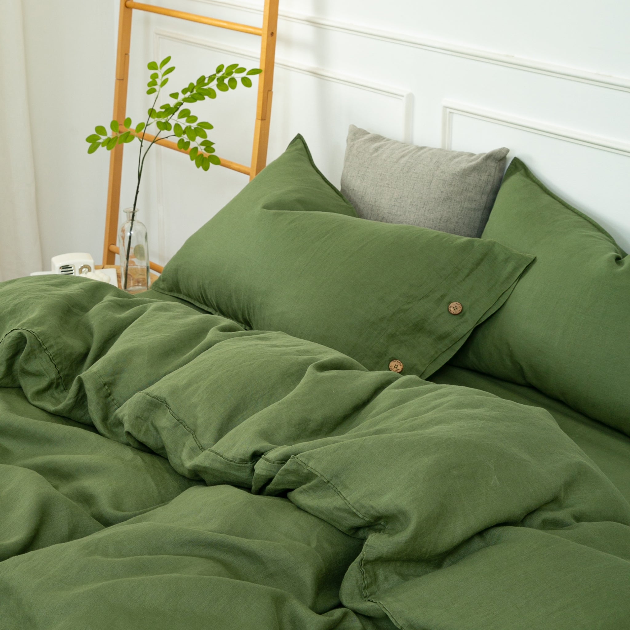 Juniper Green 100% Organic Linen Pillowcases With Coconut Button Closure - Victory Symbol