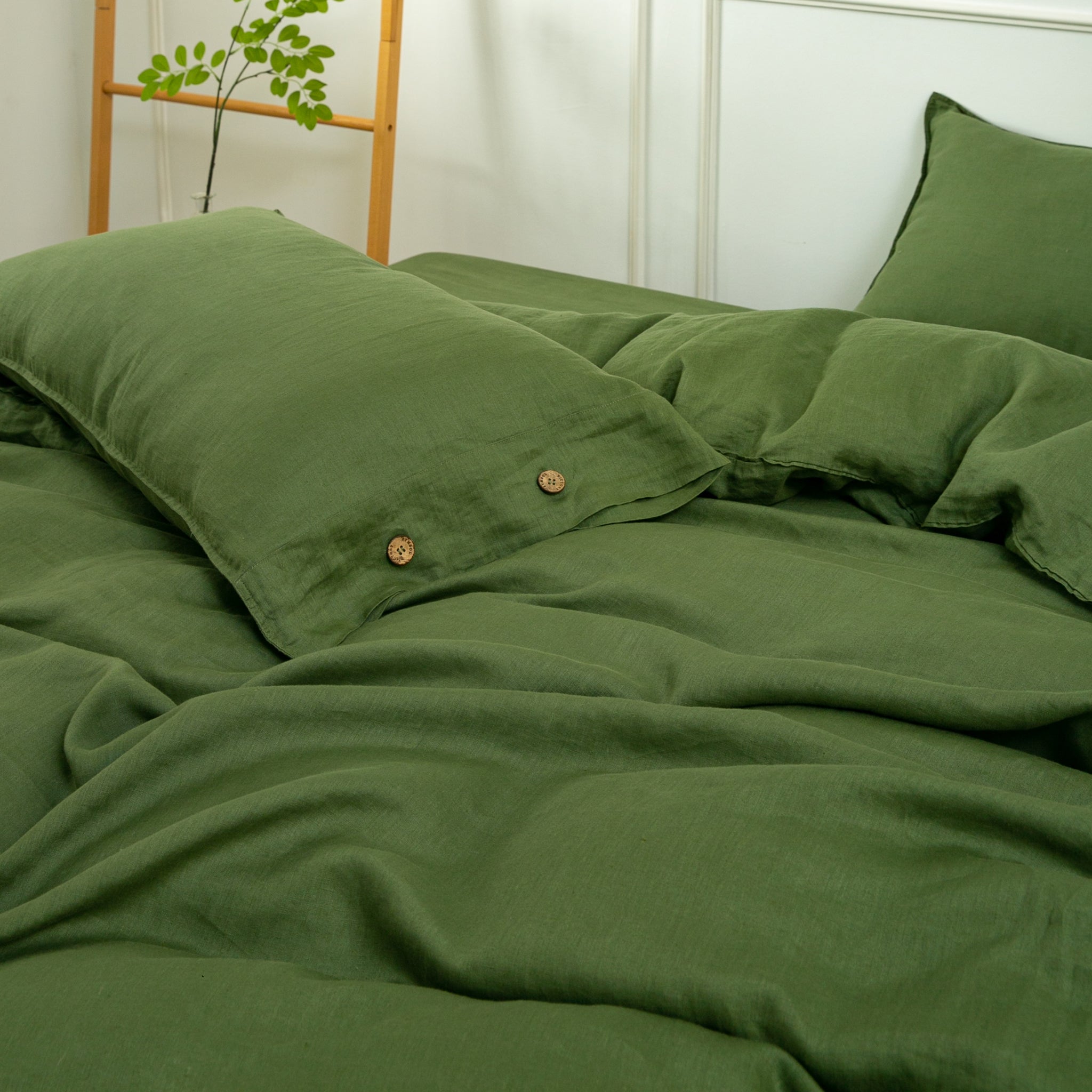 Juniper Green 100% Organic Linen Pillowcases With Coconut Button Closure - Victory Symbol