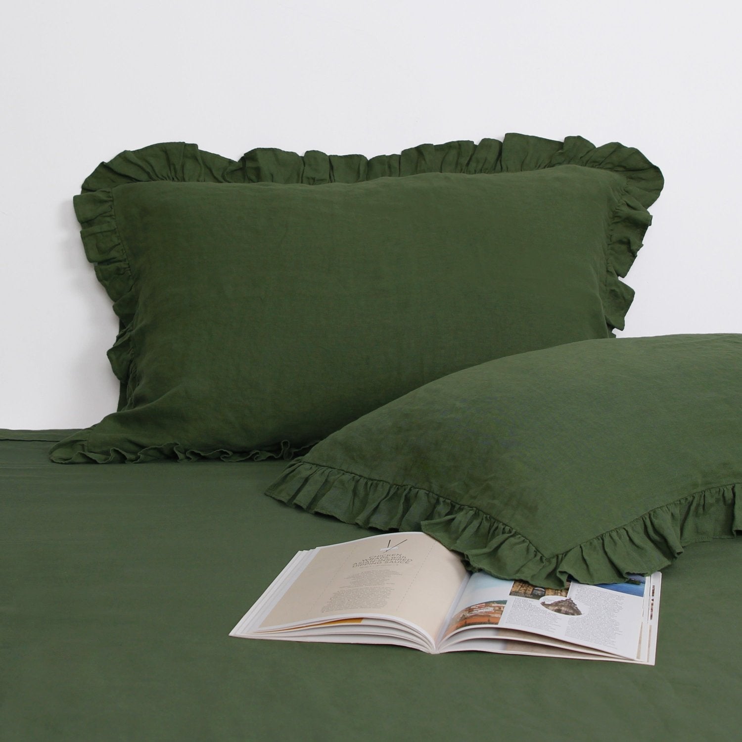 Juniper Green 100% Organic Linen Pillowcases with Ruffles - Victory Symbol