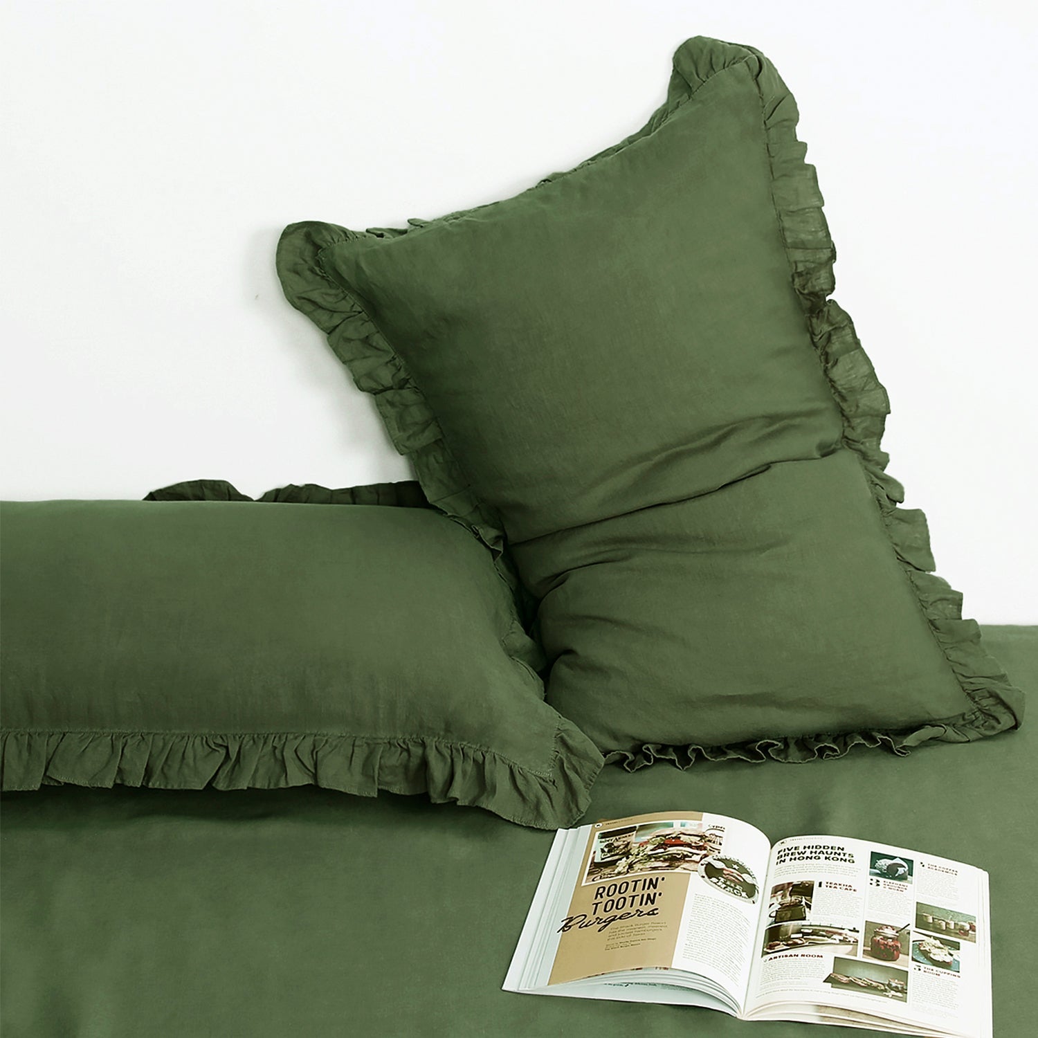 Juniper Green 100% Organic Linen Pillowcases with Ruffles - Victory Symbol