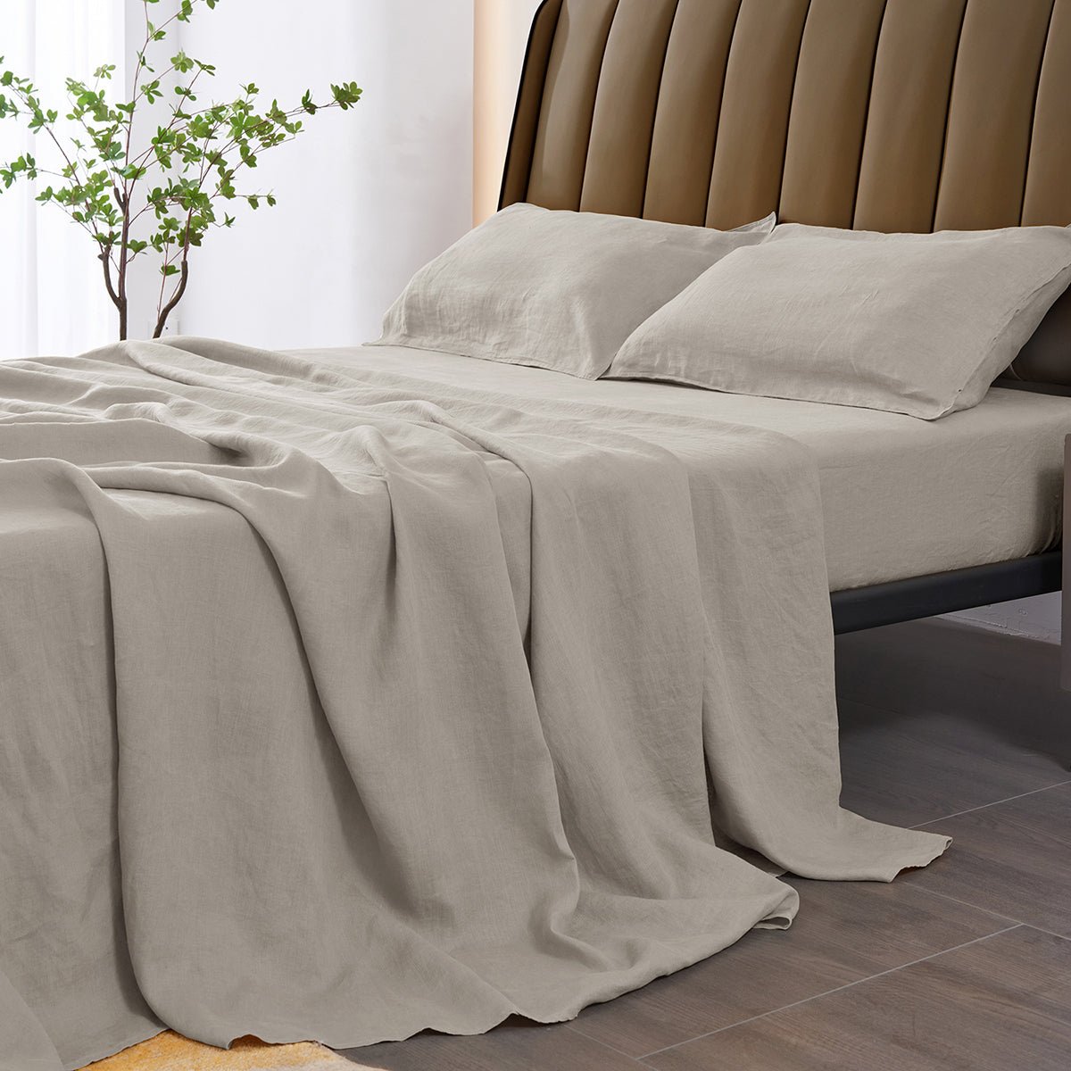 Khaki 100% Organic Linen Sheets Set - Victory Symbol