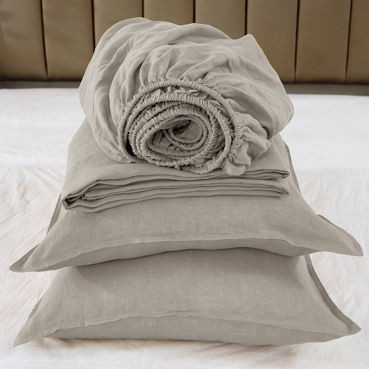 Khaki 100% Organic Linen Sheets Set - Victory Symbol