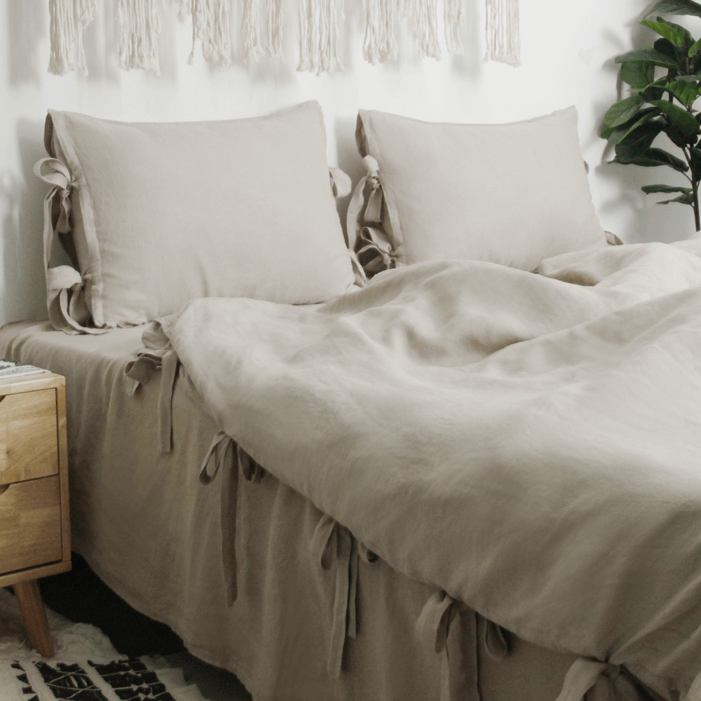 Khaki Bow Tie 100% Organic Linen Duvet Cover Set - Victory Symbol