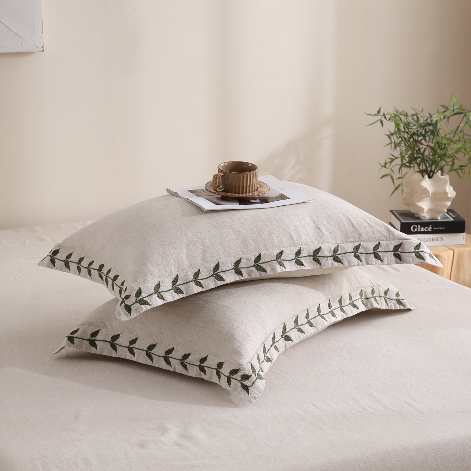 Leaf Embroidery 100% Organic Linen Bedding Bundle - Victory Symbol