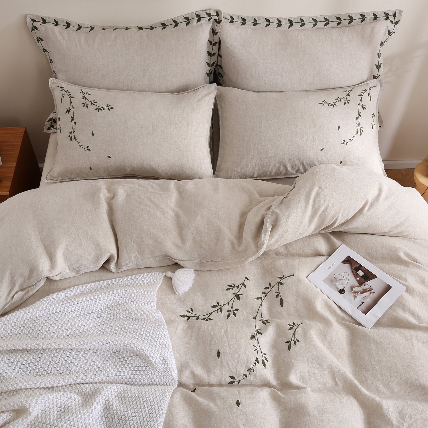 Leaf Embroidery 100% Organic Linen Bedding Bundle - Victory Symbol