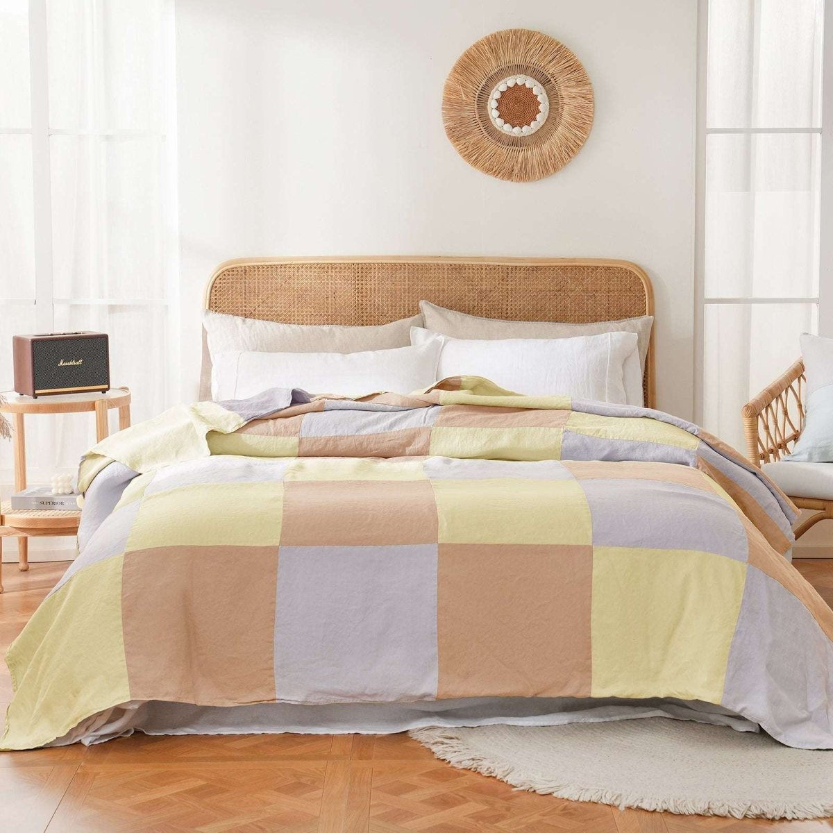 Lemon Yellow Colorblock 100% Organic Linen Plaid Blanket & Throw - Victory Symbol