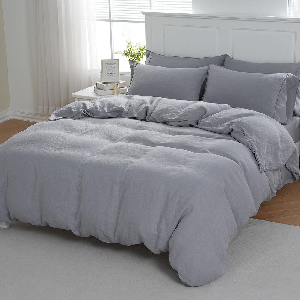 Light Grey 100% Organic Linen Duvet Cover Set - Victory Symbol