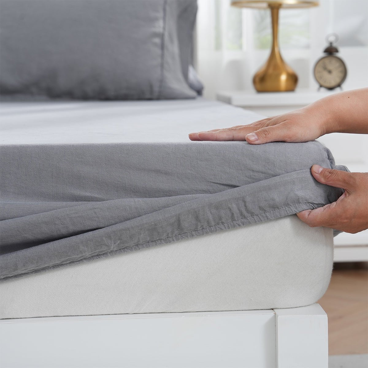 Light Grey 100% Organic Linen Fitted Sheet - Victory Symbol