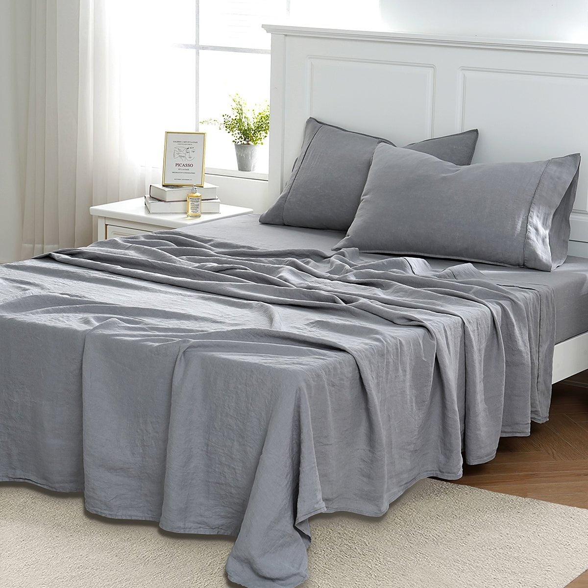 Light Grey 100% Organic Linen Flat Sheet - Victory Symbol