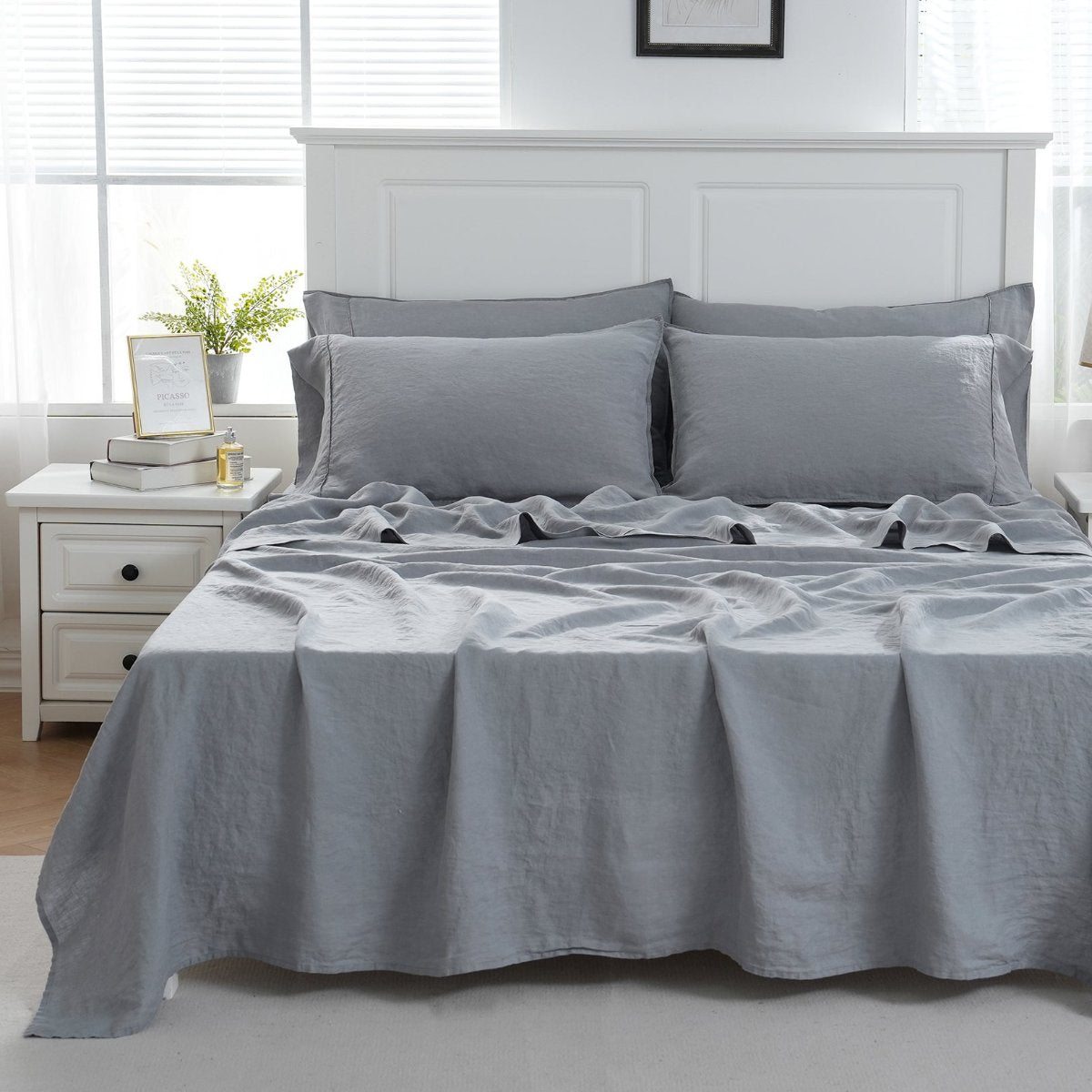 Light Grey 100% Organic Linen Flat Sheet - Victory Symbol