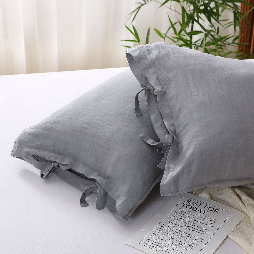 Light Grey Ties Bow 100% Organic Linen Pillowcases - Victory Symbol