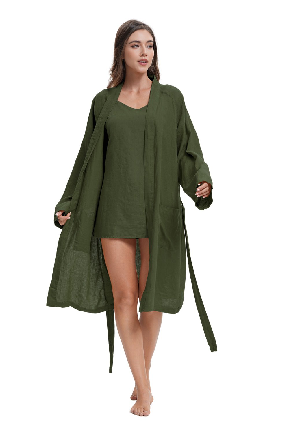 Light Olive 100% Organic Linen Women's V - Neck Robes - Victory Symbol