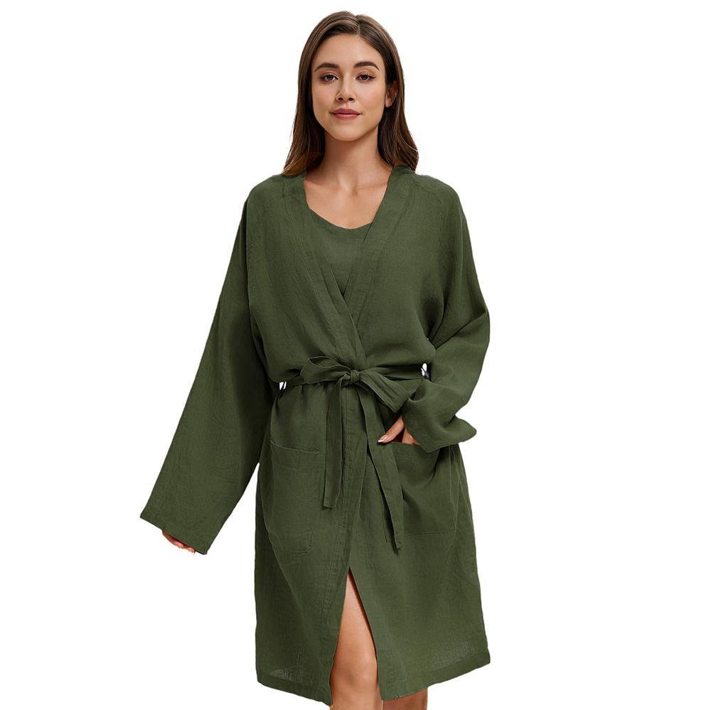 Light Olive 100% Organic Linen Women's V - Neck Robes - Victory Symbol