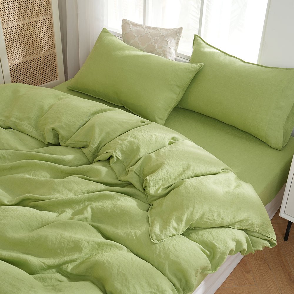 Lime Green 100% Organic Linen Duvet Cover Set - Victory Symbol