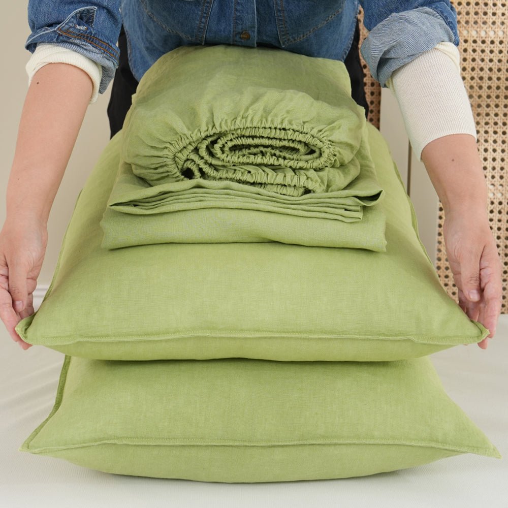 Lime Green 100% Organic Linen Sheets Set - Victory Symbol