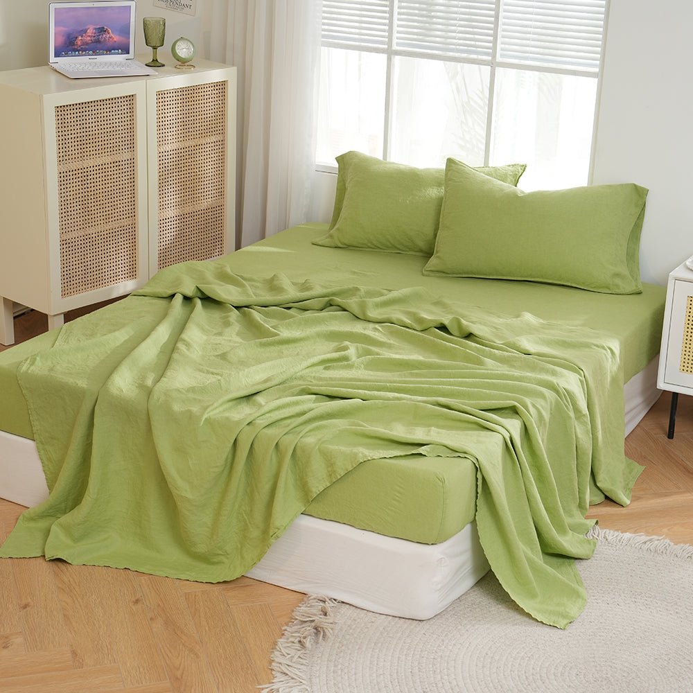 Lime Green 100% Organic Linen Sheets Set - Victory Symbol