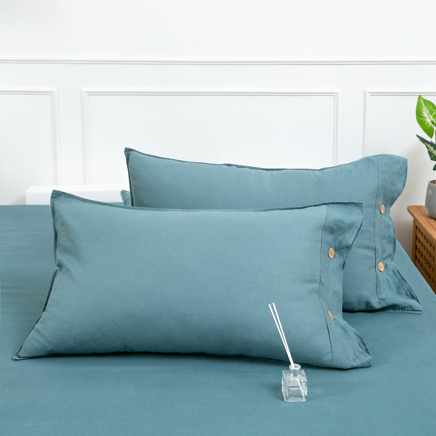 Mineral Blue 100% Organic Linen Pillowcases With Coconut Button Closure - Victory Symbol