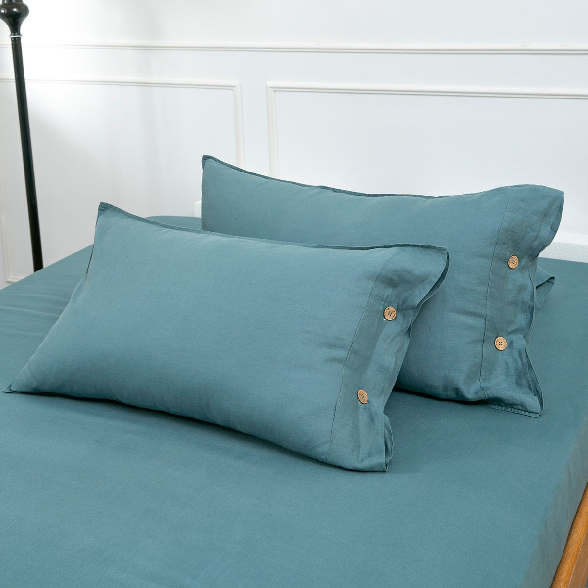 Mineral Blue 100% Organic Linen Pillowcases With Coconut Button Closure - Victory Symbol