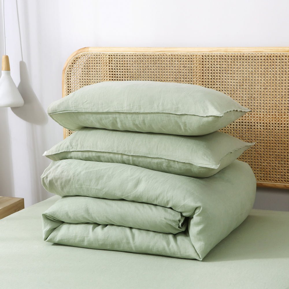 Mint Green 100% Organic Linen Duvet Cover Set - Victory Symbol