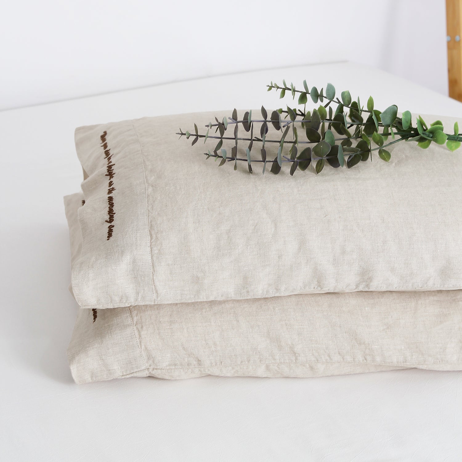 Natural Linen 100% Organic Linen Embroidered Pillowcases - Victory Symbol