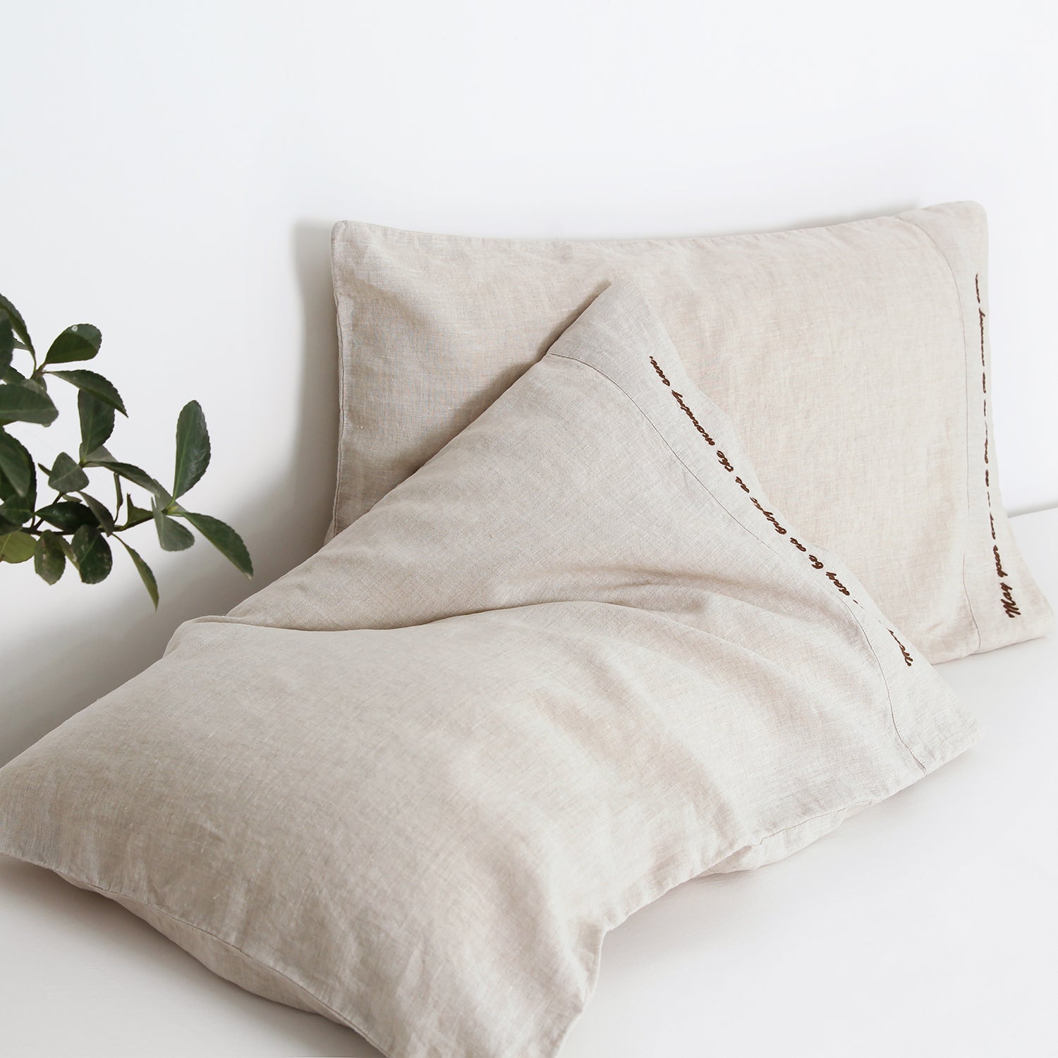 Natural Linen 100% Organic Linen Embroidered Pillowcases - Victory Symbol