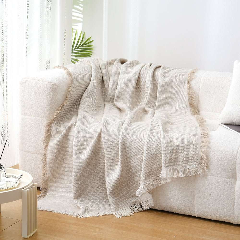 Natural Linen 100% Organic Linen Waffle Plaid Blanket & Throw with Raw Edge - Victory Symbol