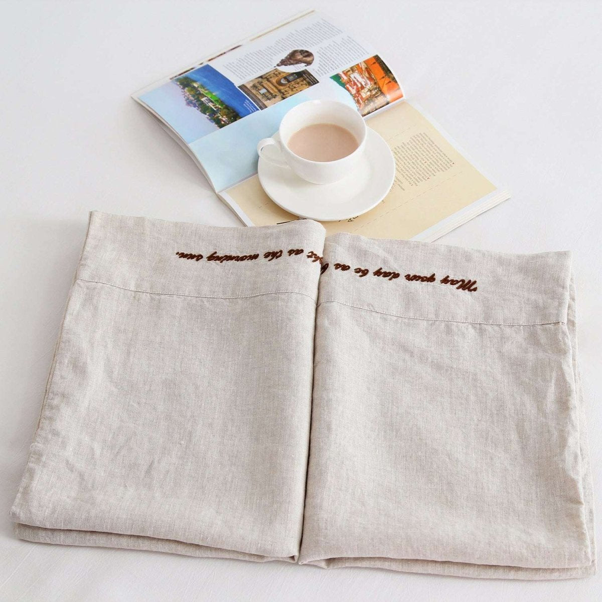 Natural Undyed Linen 100% Organic Linen Embroidered Pillowcases - Victory Symbol