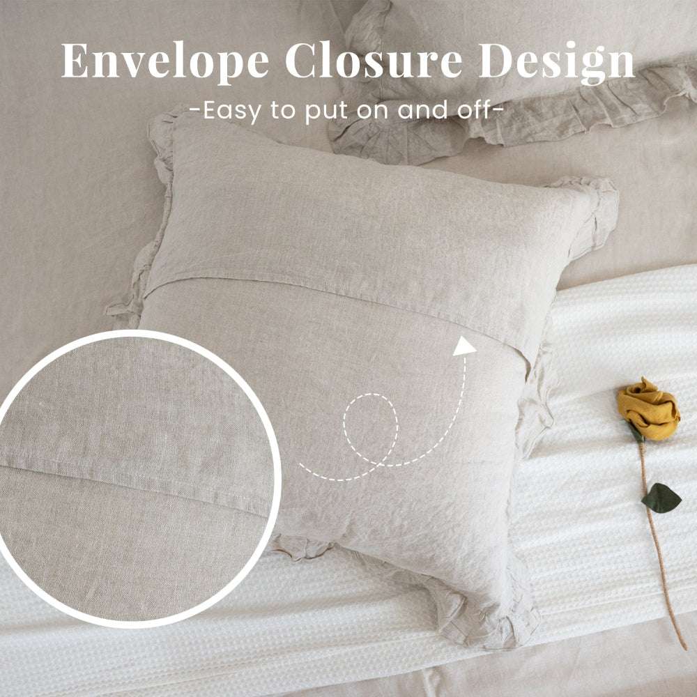Natural Undyed Linen 100% Organic Linen Euro Pillowcases With Ruffles - Victory Symbol