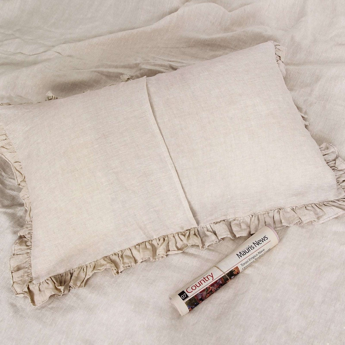 Natural Undyed Linen 100% Organic Linen Pillowcases with Ruffles - Victory Symbol