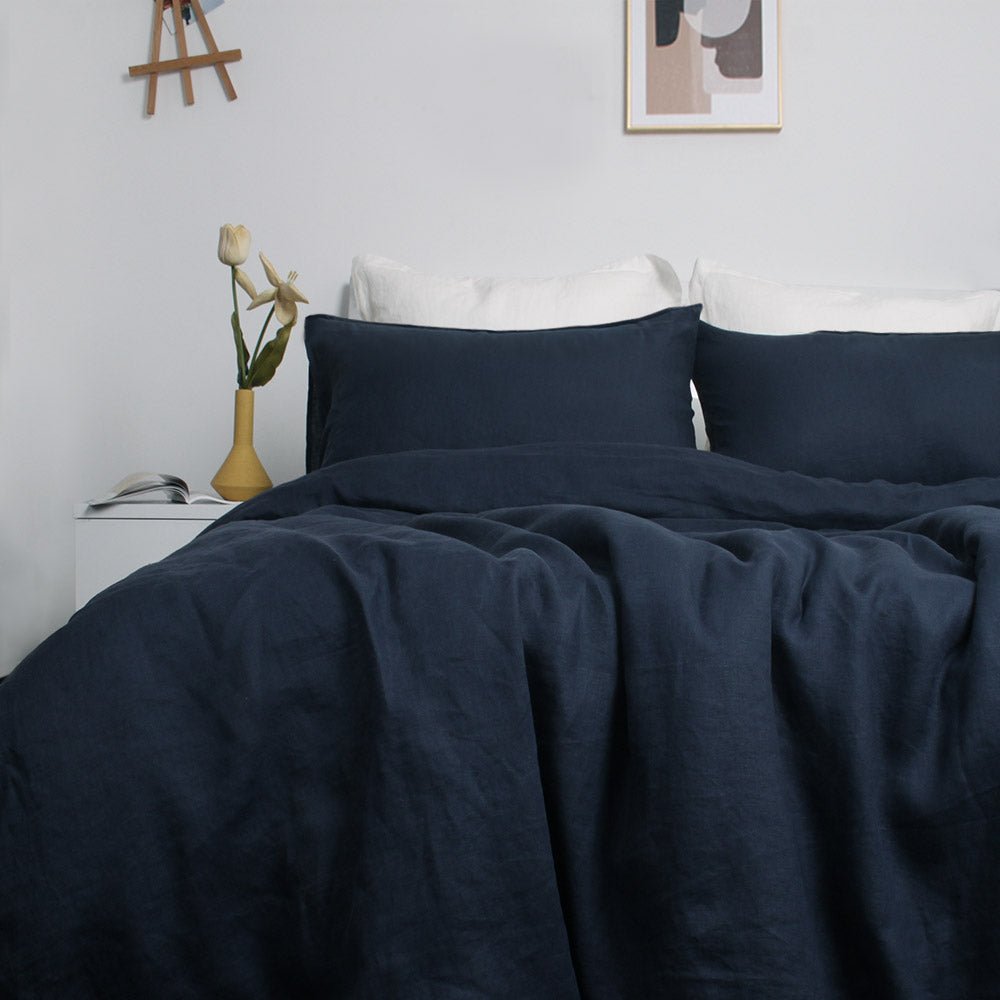 Navy 100% Organic Linen Duvet Cover Set - Victory Symbol