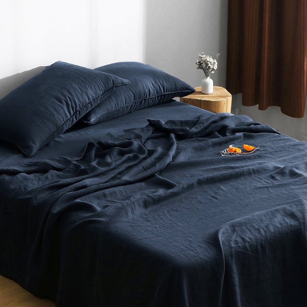 Navy 100% Organic Linen Flat Sheet - Victory Symbol