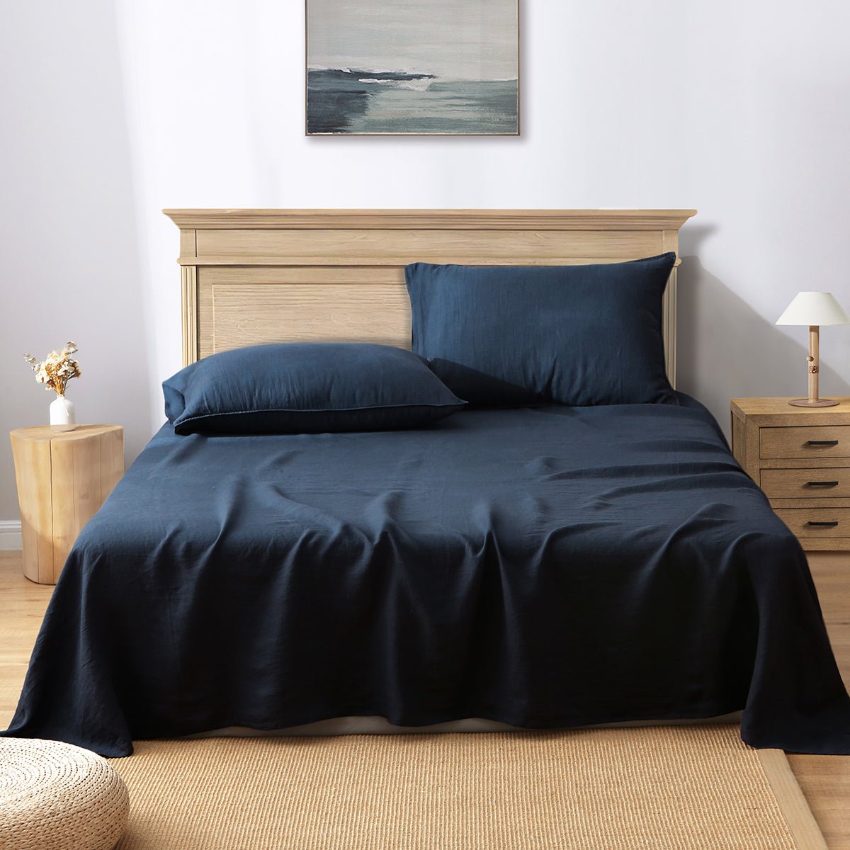 Navy 100% Organic Linen Flat Sheet - Victory Symbol