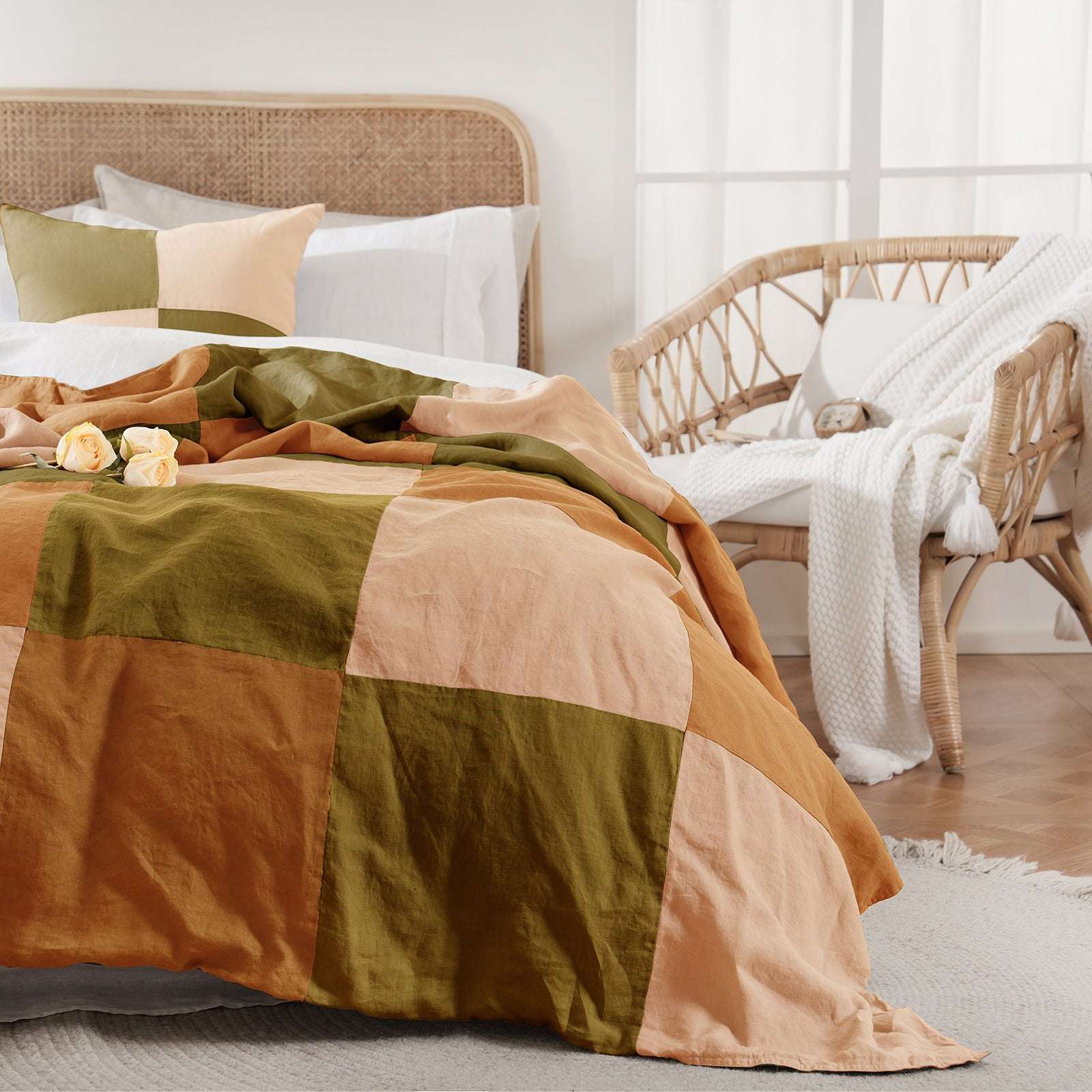 Olive Green Colorblock 100% Organic Linen Plaid Blanket & Throw - Victory Symbol